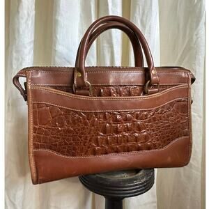 Vintage Brahmin Brown Leather Croc Handbag Purse bag satchel gold brass logo